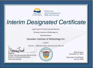 Interim Designated Certificate from the BC Ministry of Advanced Education, Skills and Training for the Canadian Institute of Reflexology Inc.