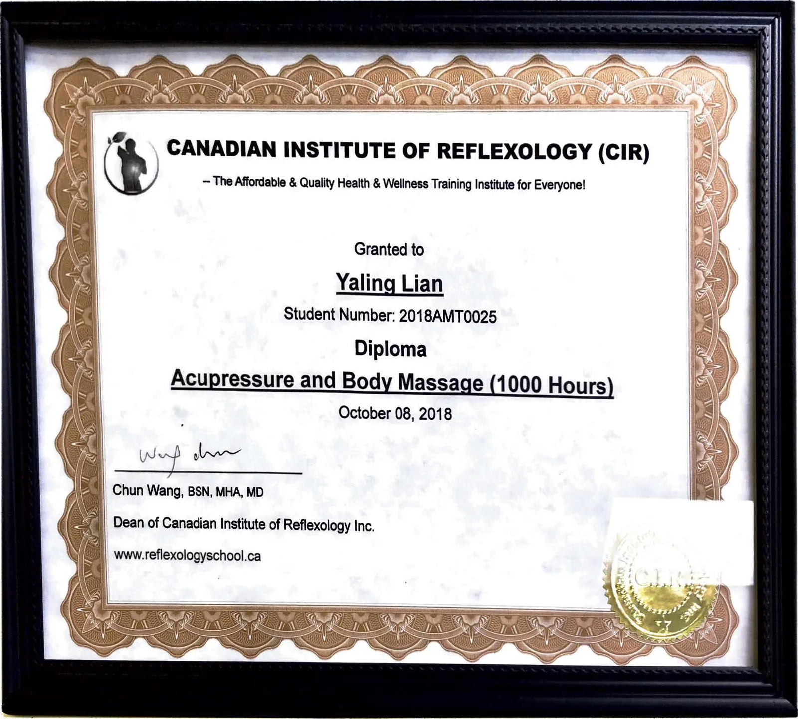 Framed Diploma of Acupressure and Body Massage (1000 Hours) from the Canadian Institute of Reflexology